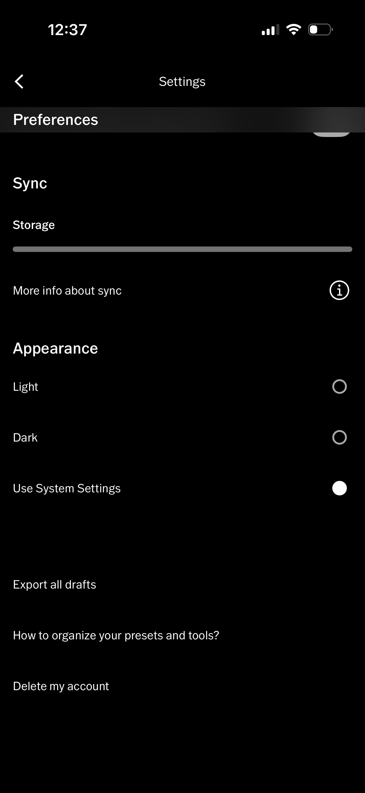 vsco settings screenshot